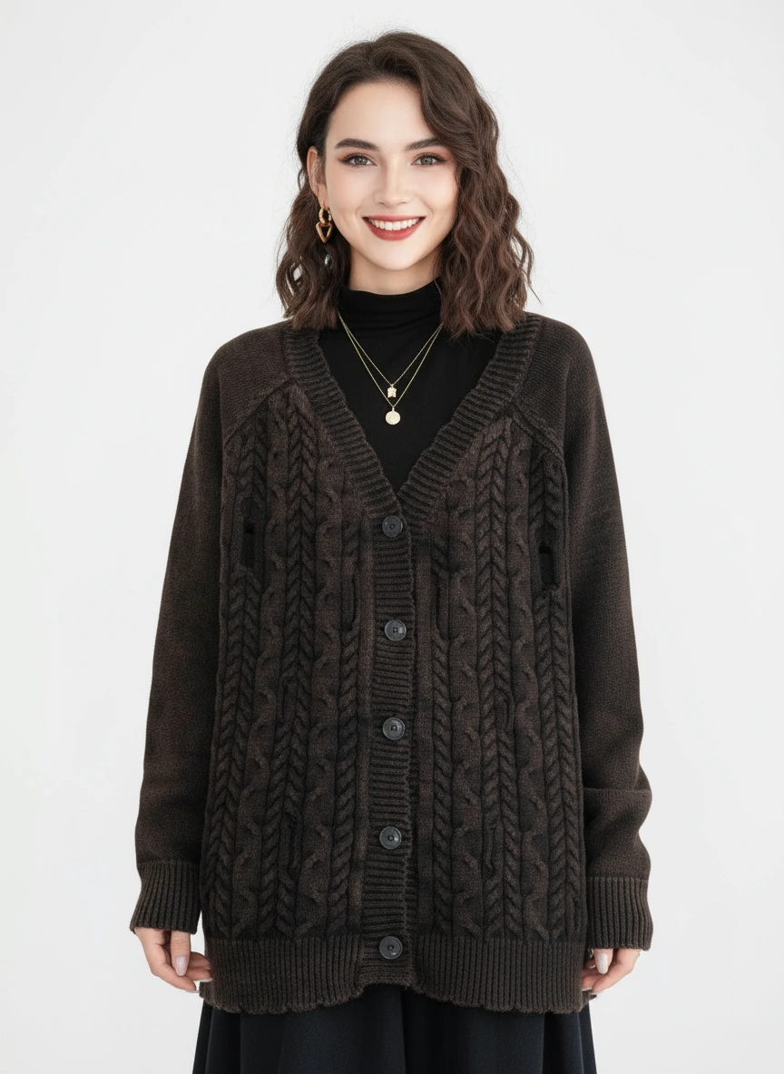Distressed Knit Cardigan — Deep Charcoal-SimpleModerne