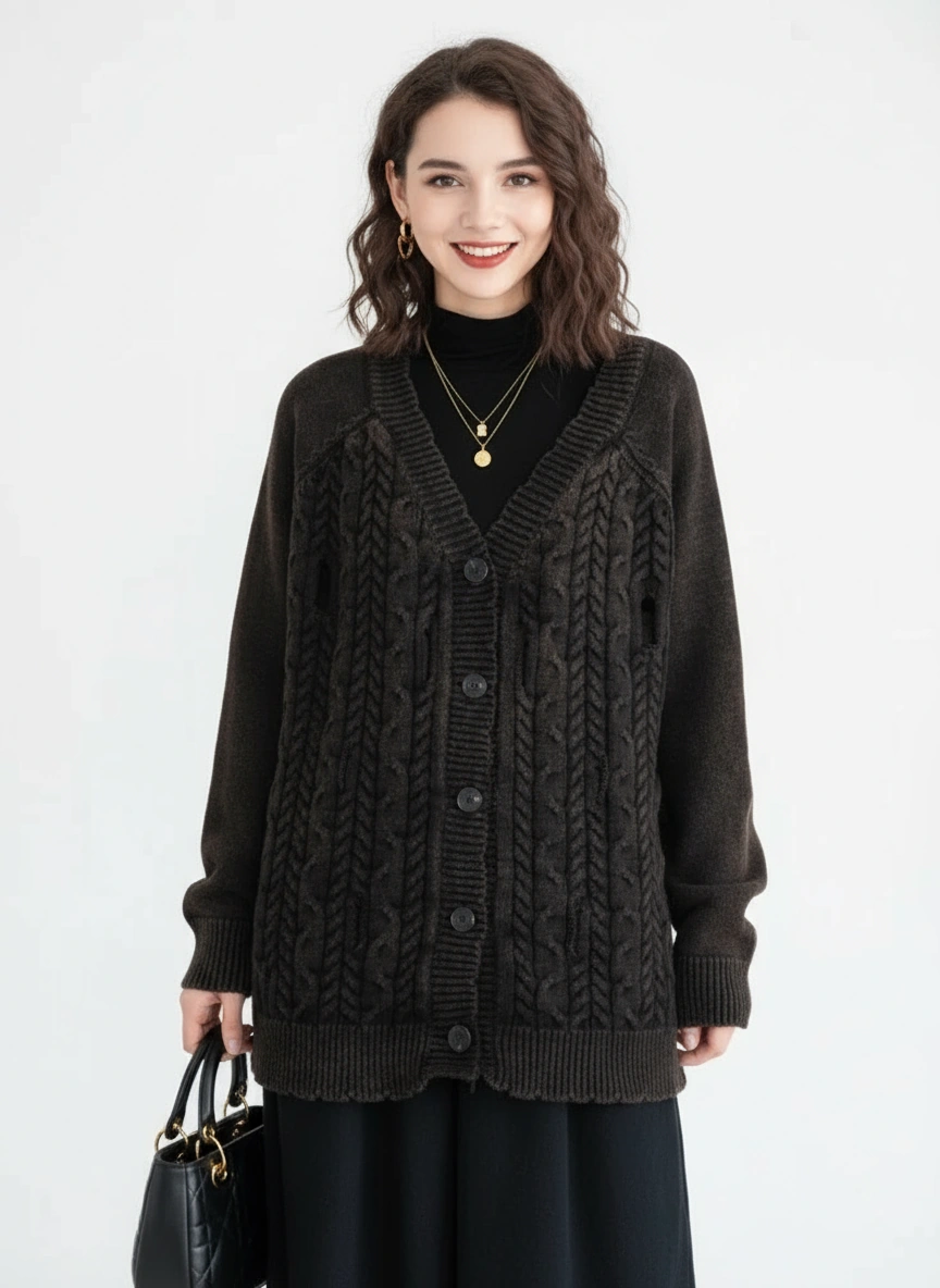 Distressed Knit Cardigan — Deep Charcoal-SimpleModerne