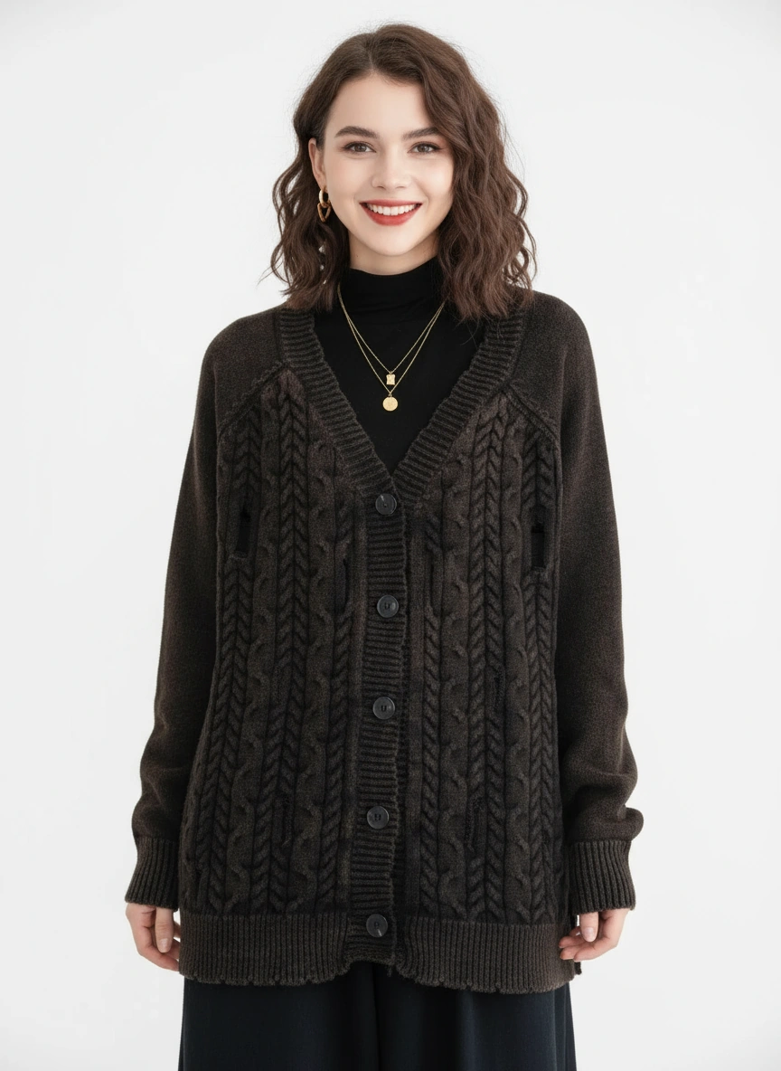 Distressed Knit Cardigan — Deep Charcoal-SimpleModerne