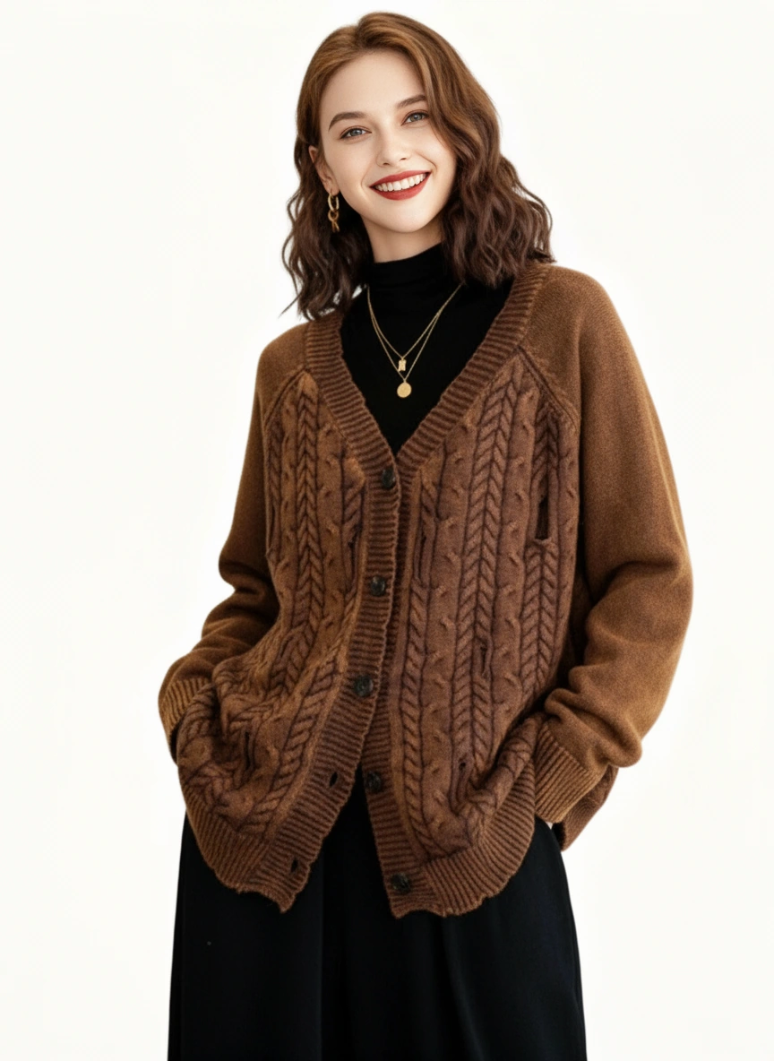 Distressed Knit Cardigan — Mocha Brown