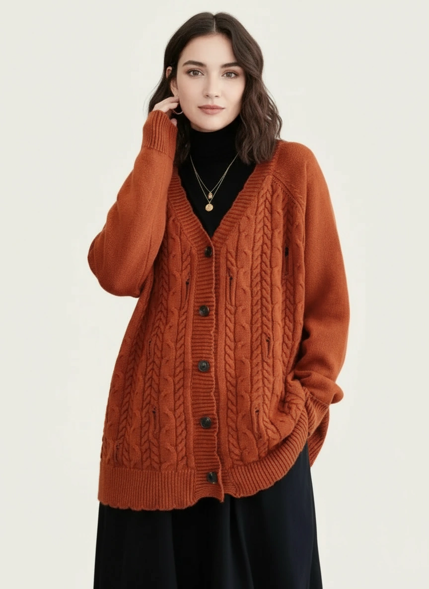 Distressed Knit Cardigan — Burnt Orange-SimpleModerne