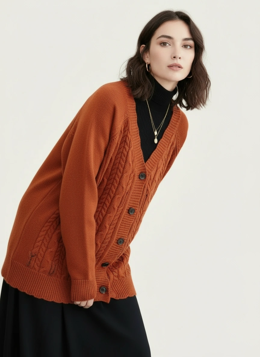 Distressed Knit Cardigan — Burnt Orange-SimpleModerne