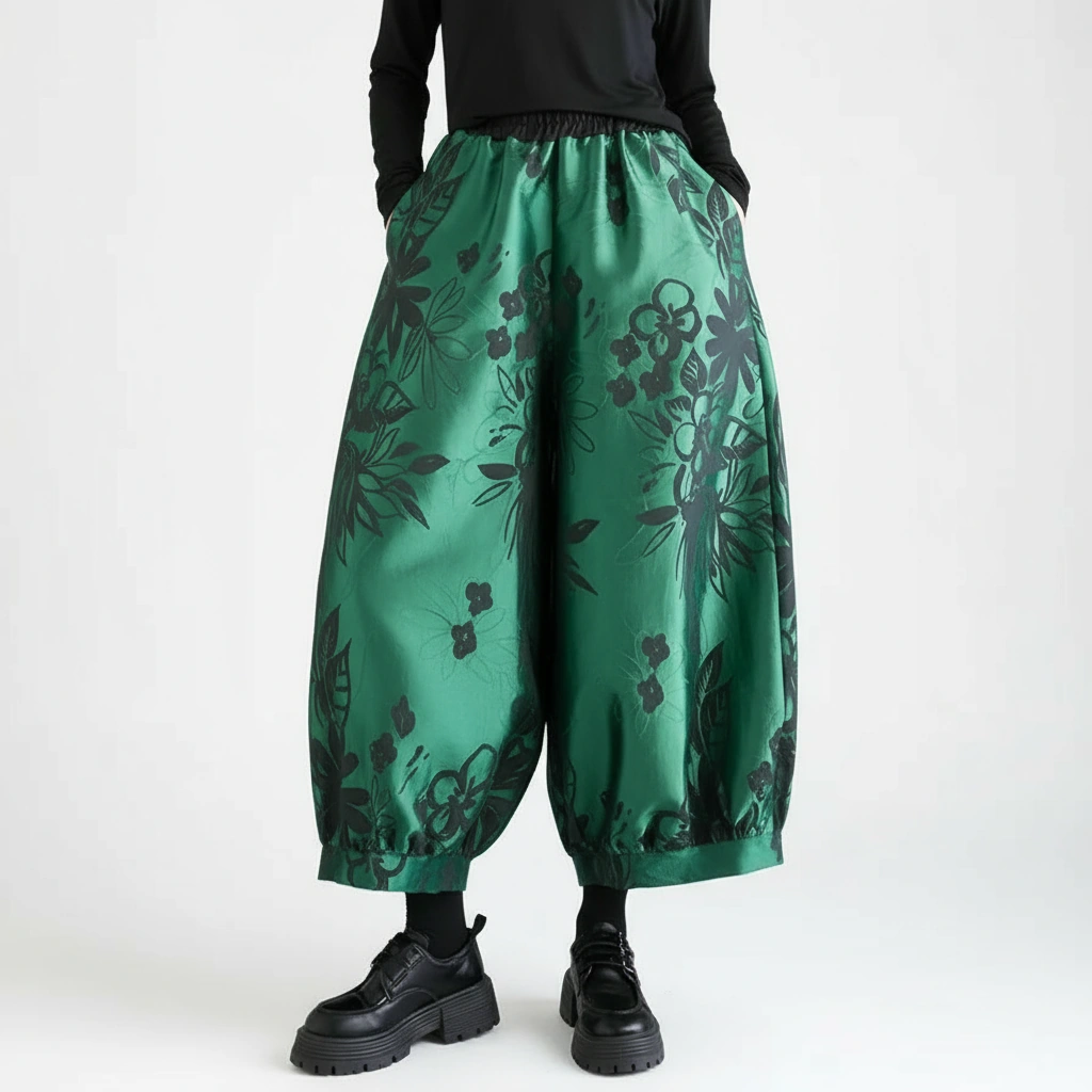 Elegant Floral Lantern Pants in Green with Pocket Detail – Relaxed Fit for Modern Style