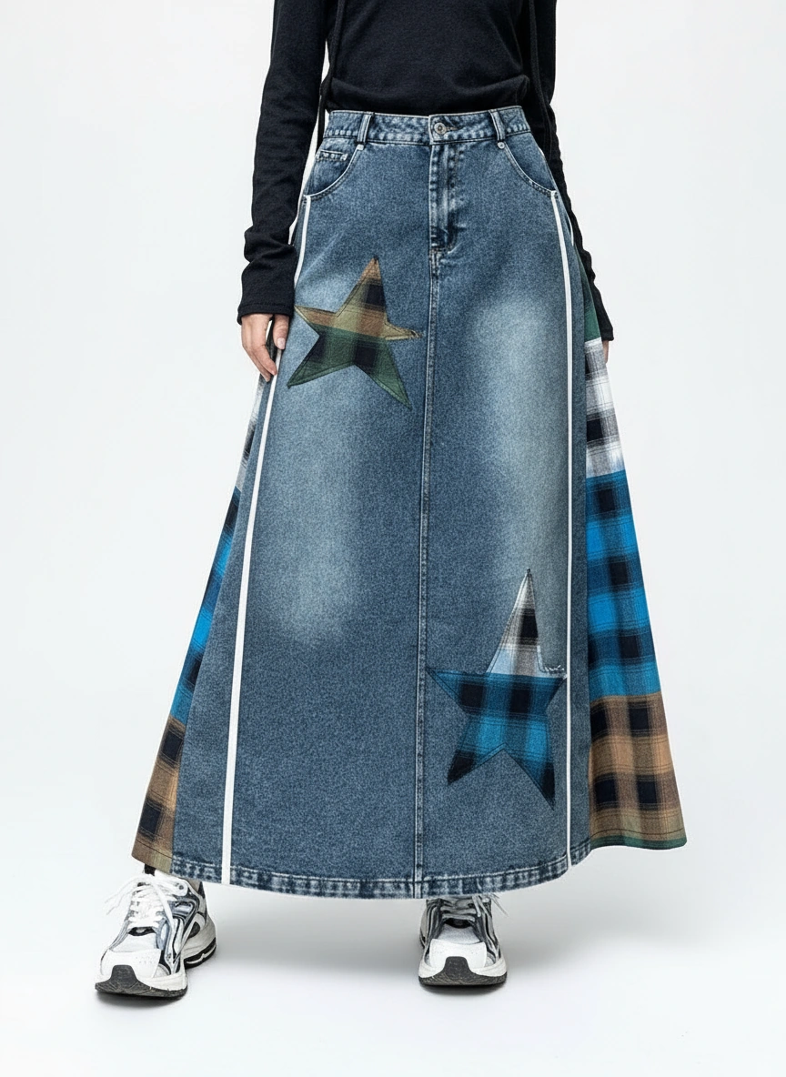Denim & Textile Patchwork Skirt - 80's Pop-Inspired