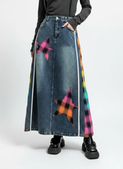 Denim & Textile Patchwork Skirt - 80's Pop-Inspired-SimpleModerne
