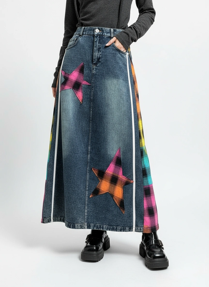 Denim & Textile Patchwork Skirt - 80's Pop-Inspired-SimpleModerne