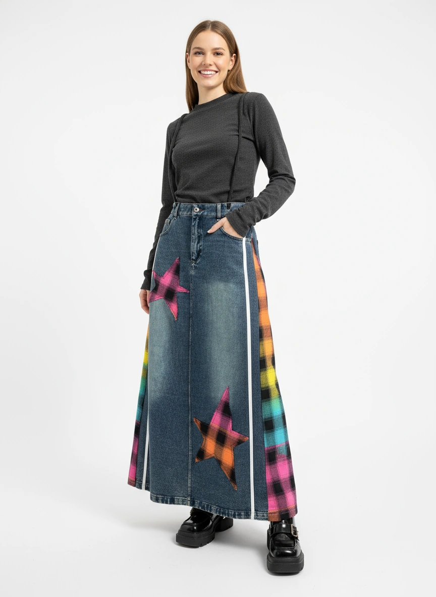 Denim & Textile Patchwork Skirt - 80's Pop-Inspired-SimpleModerne