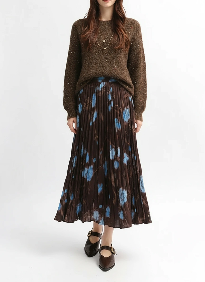 Midnight Bloom Pleated Maxi Skirt-SimpleModerne