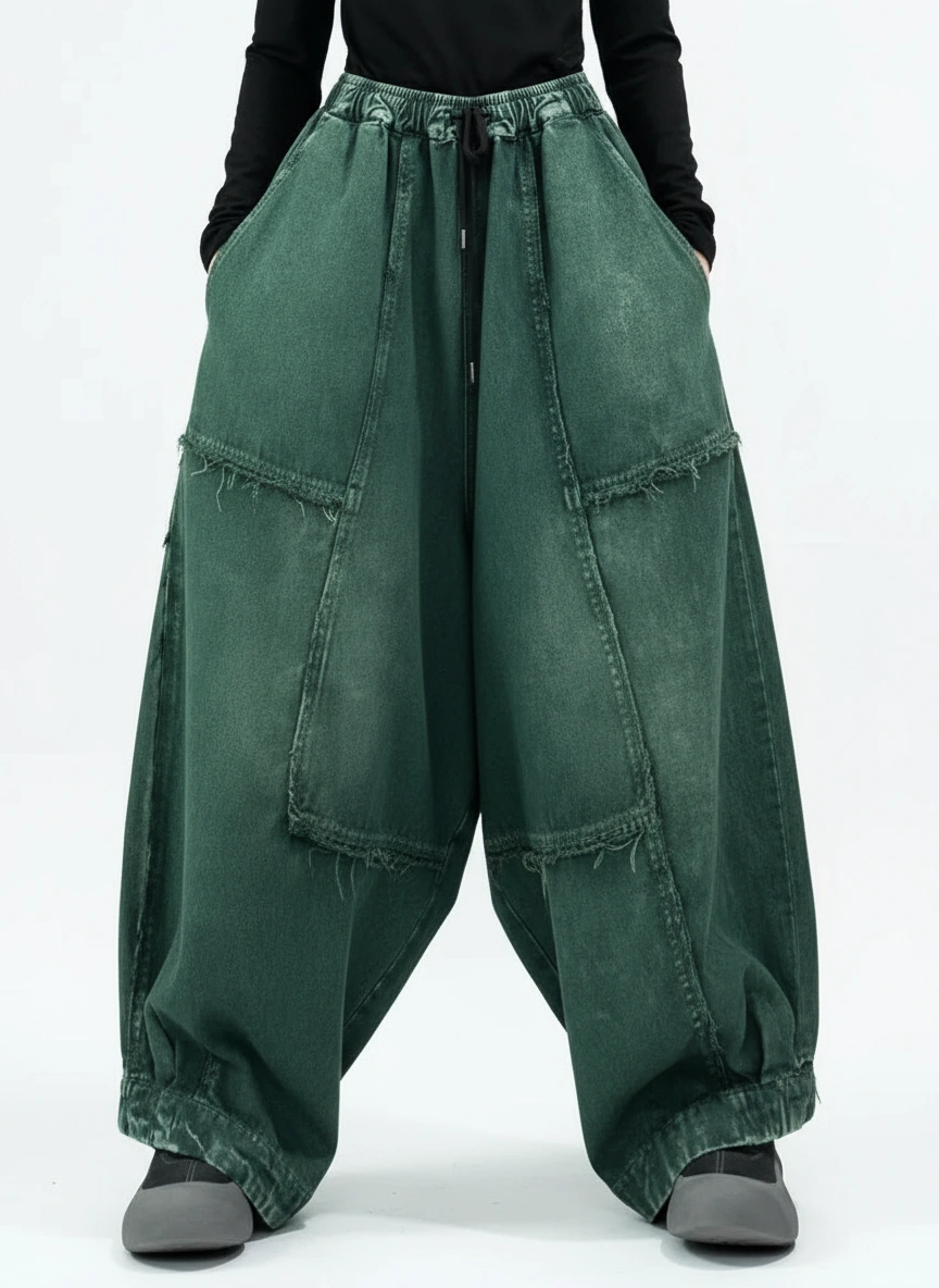 Vintage Washed Wide-Leg Denim — Forest Green-SimpleModerne