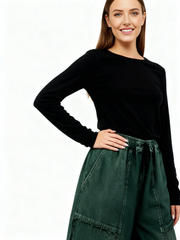 Vintage Washed Wide-Leg Denim — Forest Green-SimpleModerne