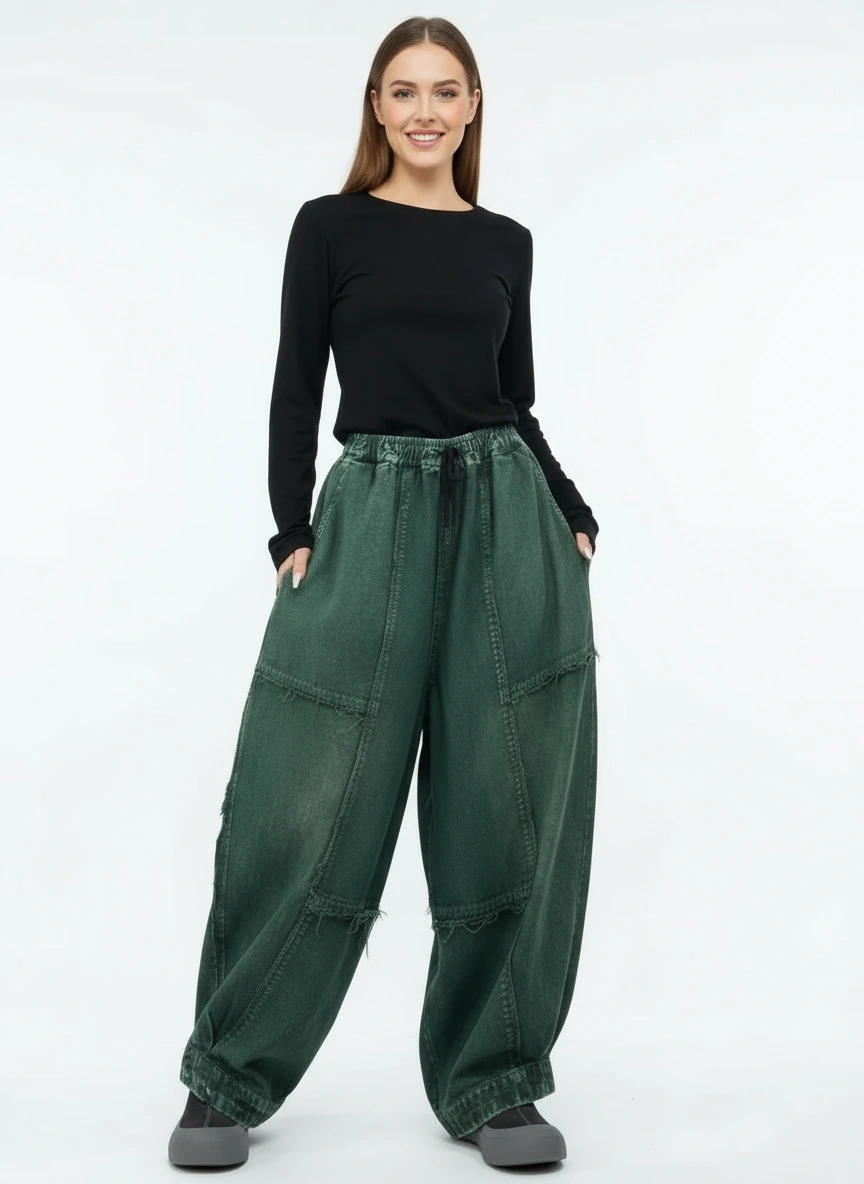Vintage Washed Wide-Leg Denim — Forest Green-SimpleModerne