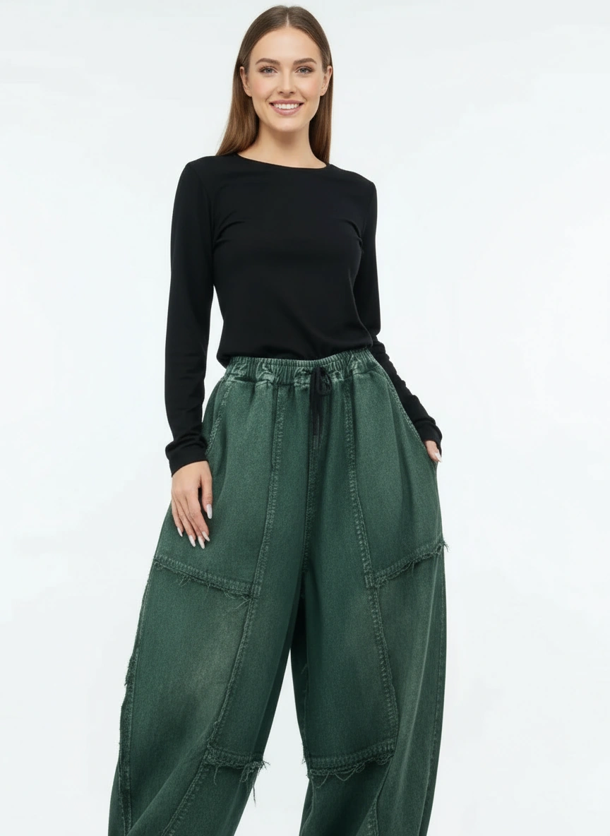 Vintage Washed Wide-Leg Denim — Forest Green-SimpleModerne