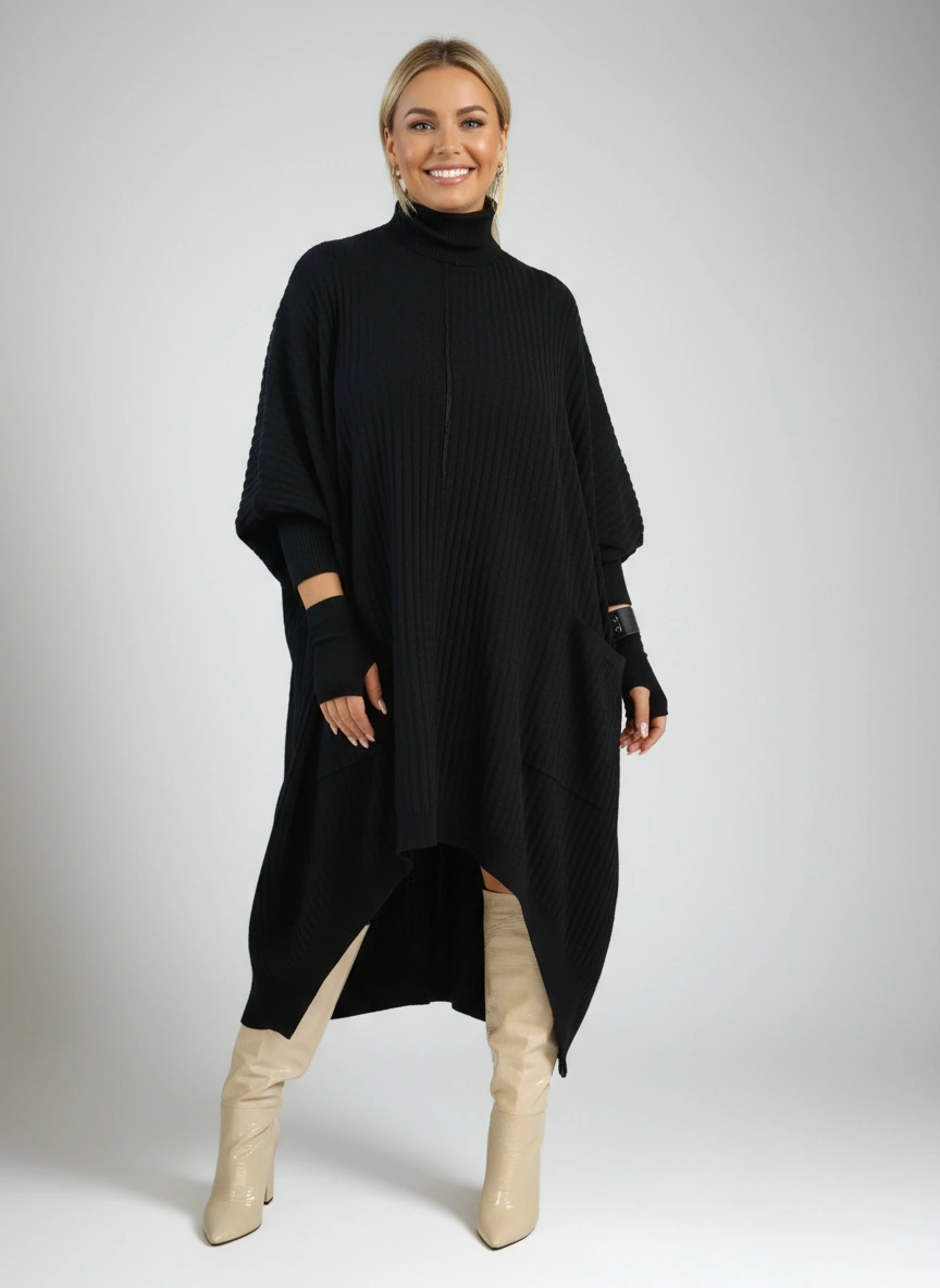 Asymmetrical Knitted Pullover Dress with Turtleneck-SimpleModerne