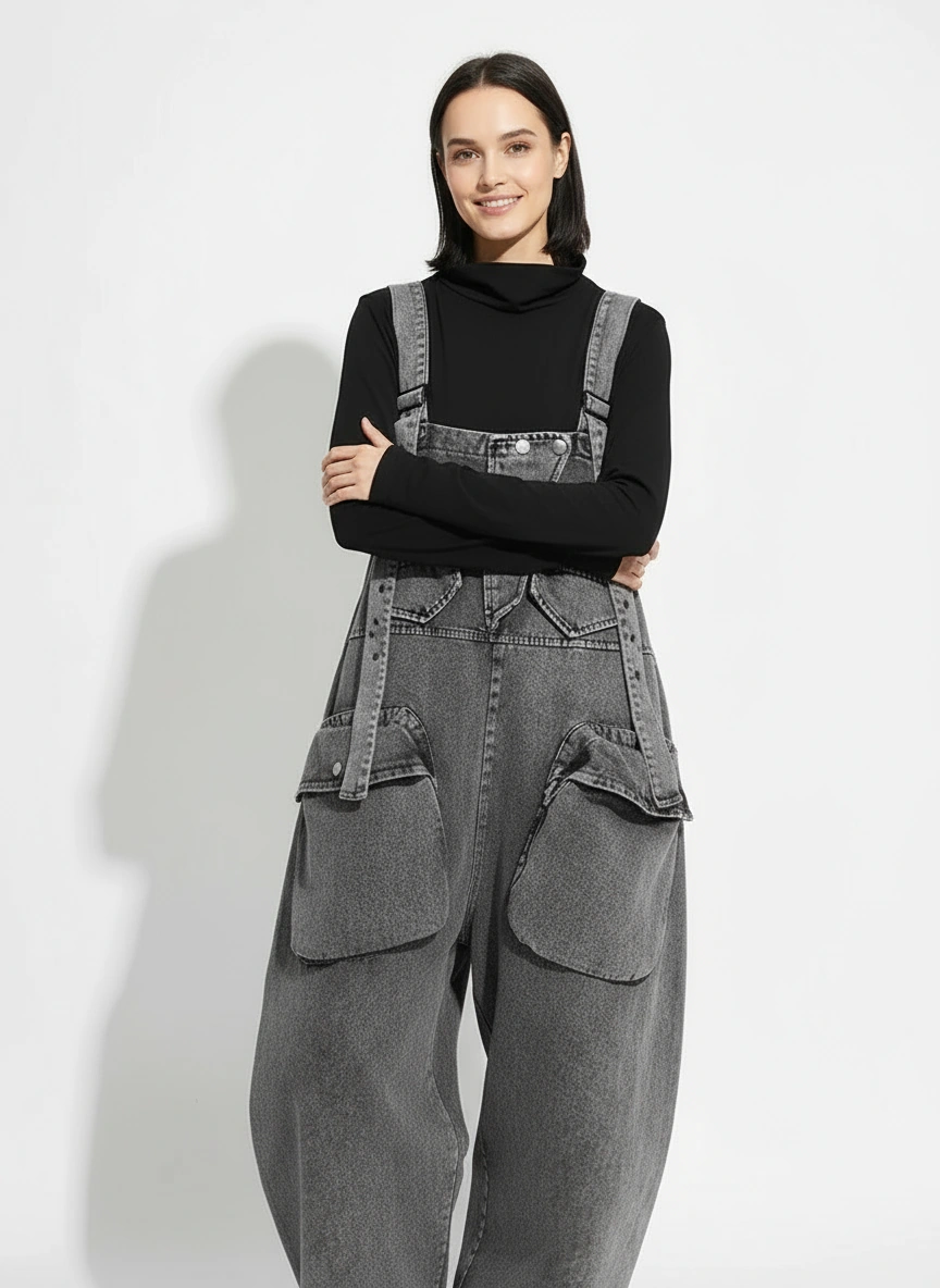 Street Punk Style Oversized Fit Vintage Denim Overalls-SimpleModerne