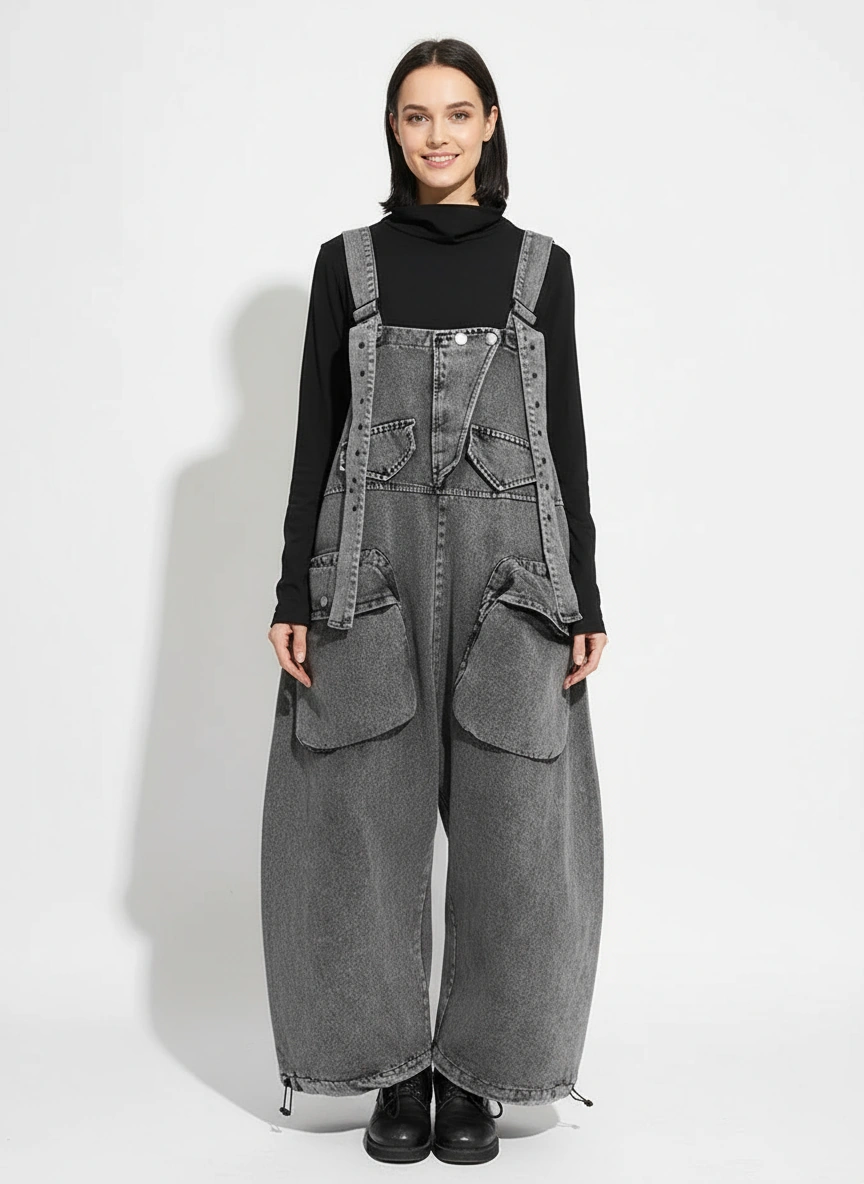 Street Punk Style Oversized Fit Vintage Denim Overalls-SimpleModerne
