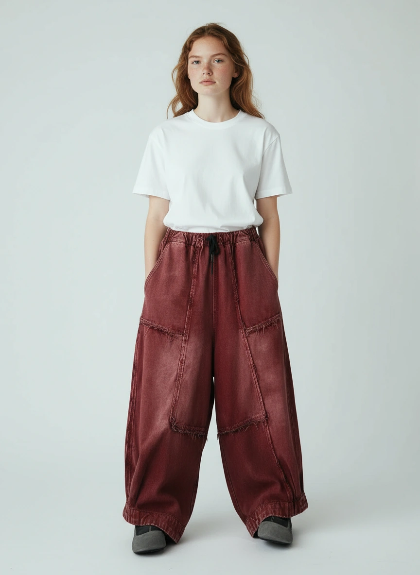 Vintage Washed Wide-Leg Denim — Brick Red-SimpleModerne