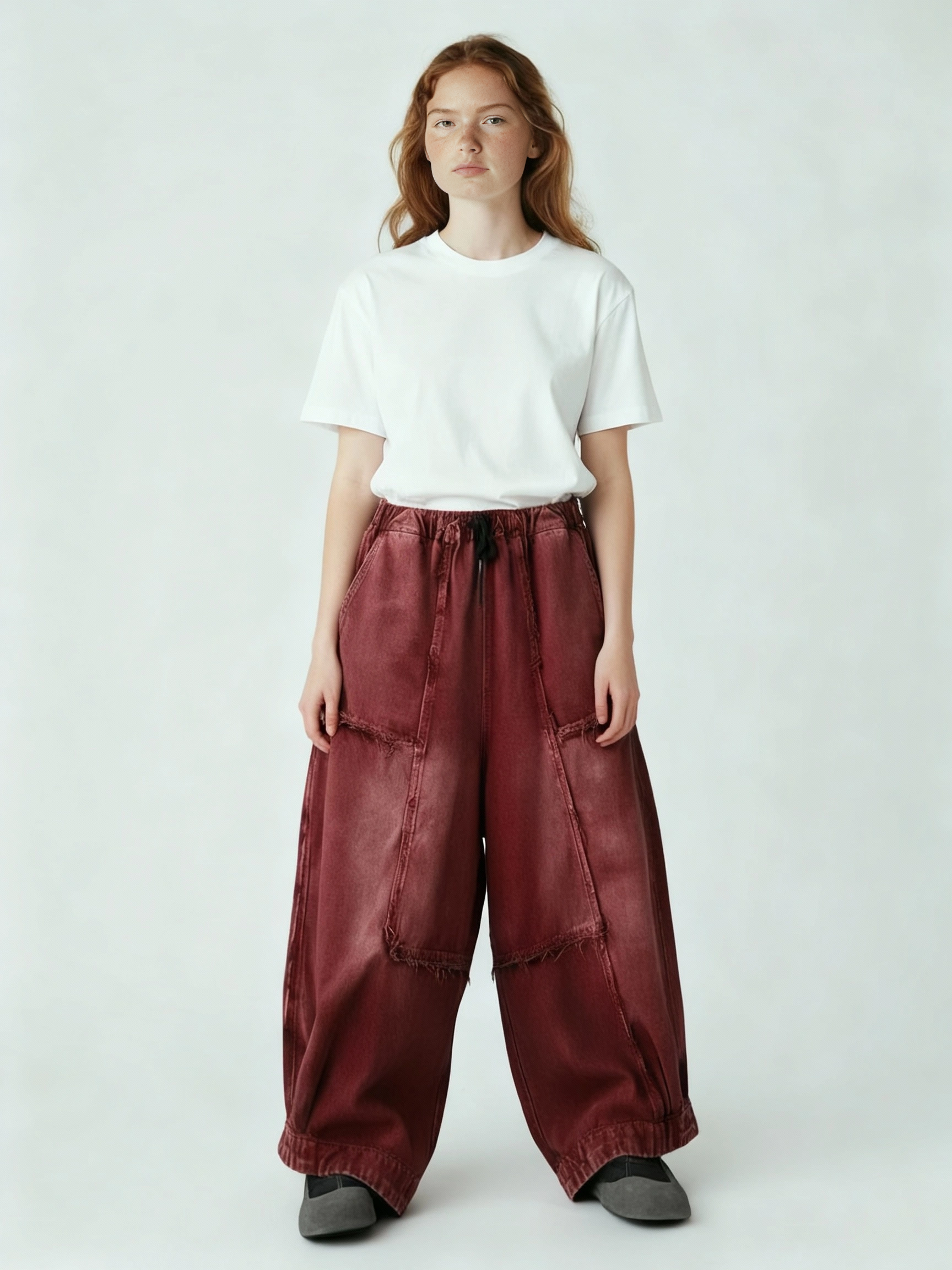 Vintage Washed Wide-Leg Denim — Brick Red