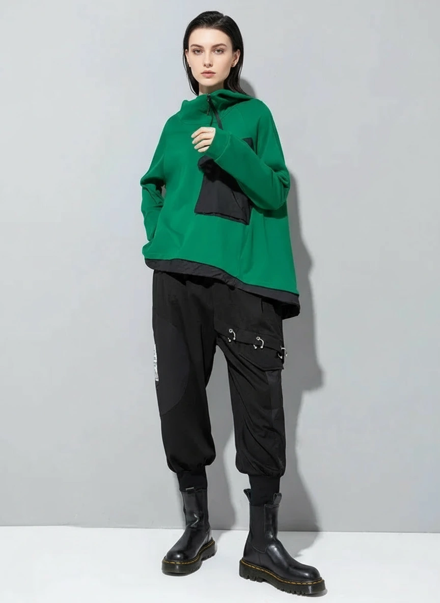 Asymmetric Pocket Hoodie — Green / Black-SimpleModerne
