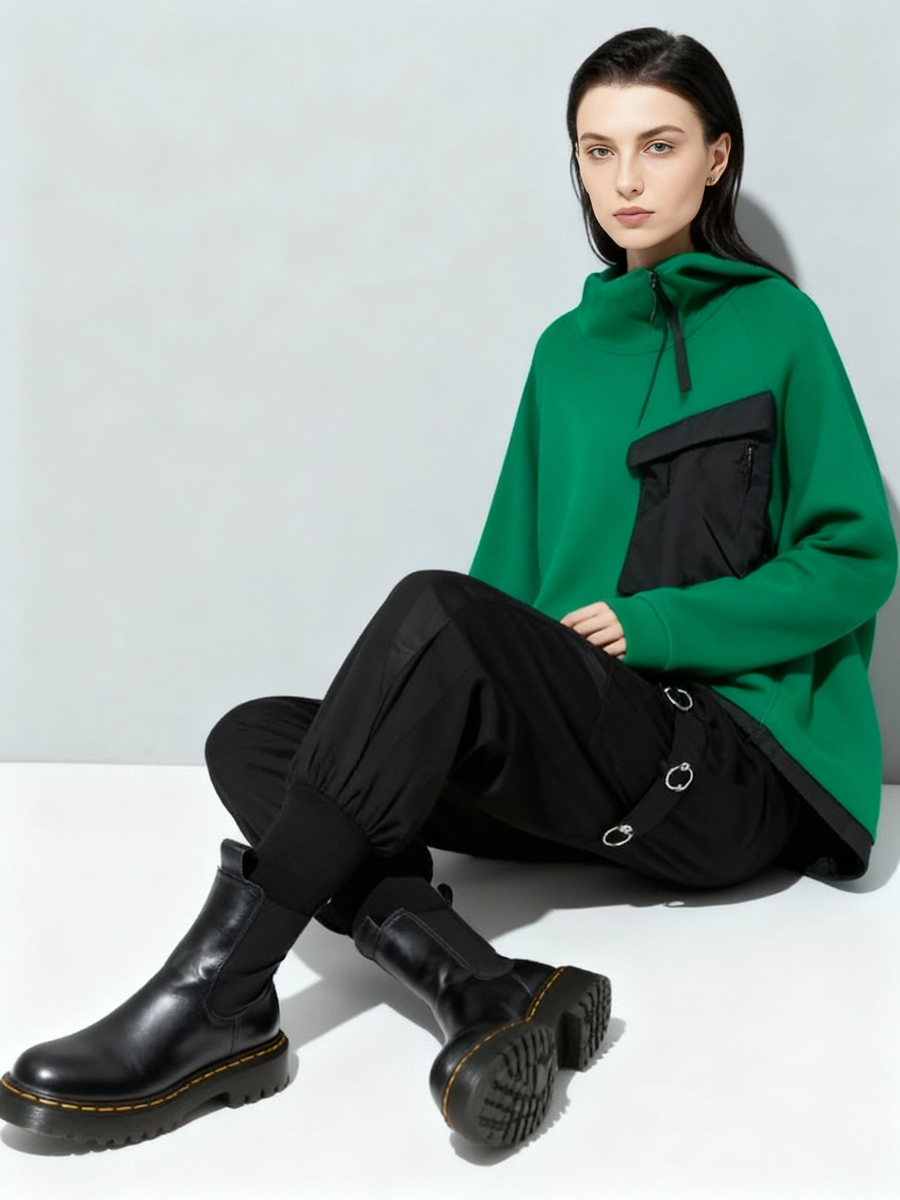 Asymmetric Pocket Hoodie — Green / Black-SimpleModerne