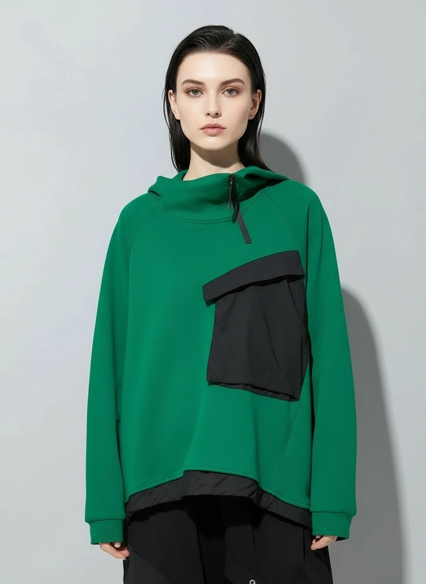 Asymmetric Pocket Hoodie — Green / Black-SimpleModerne