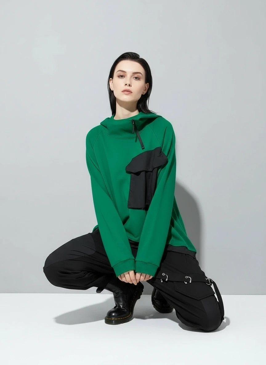 Asymmetric Pocket Hoodie — Green / Black