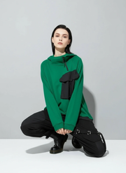 Asymmetric Pocket Hoodie — Green / Black-SimpleModerne