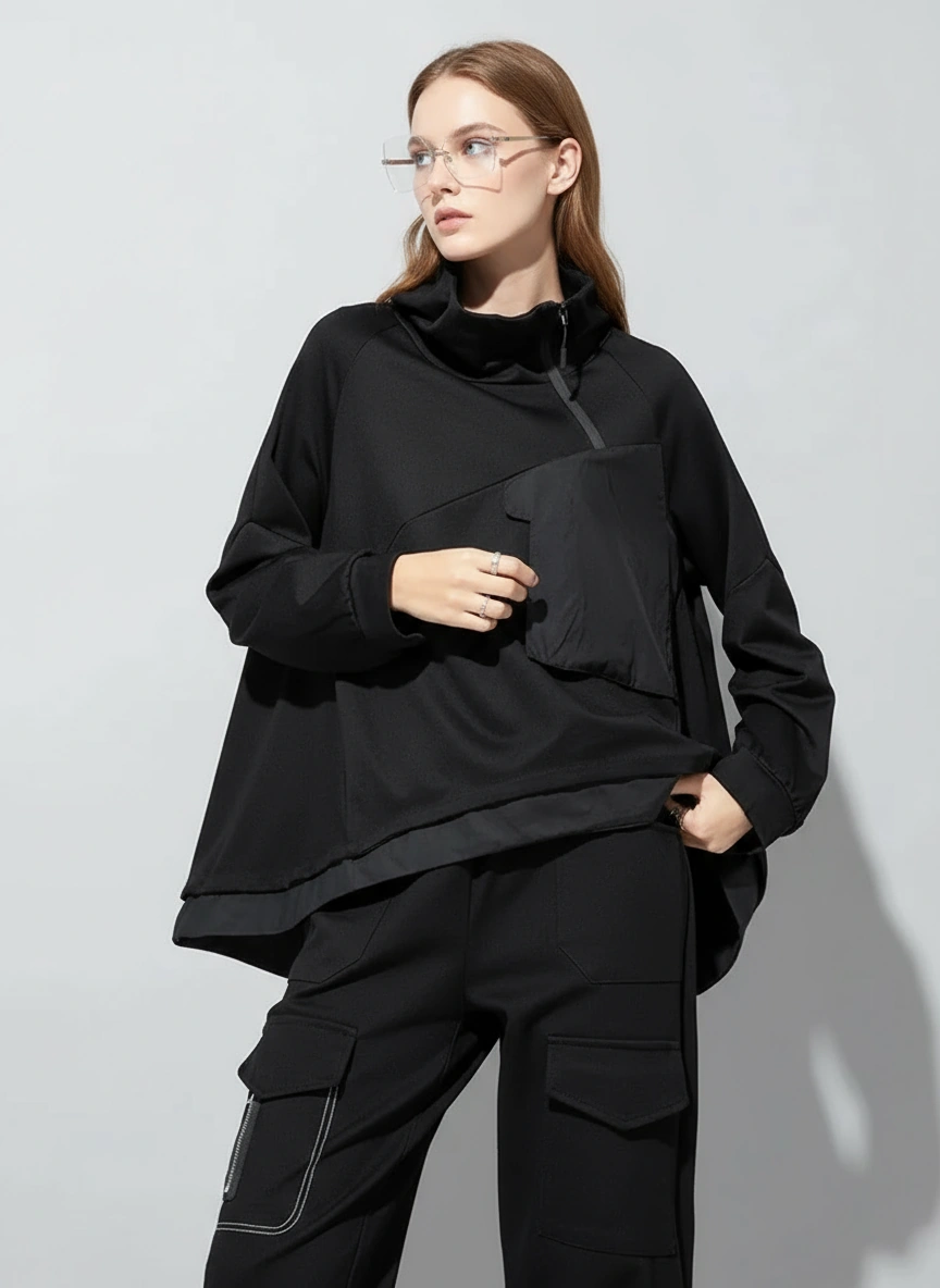 Asymmetric Pocket Hoodie — Green / Black-SimpleModerne