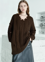 Distressed Knit Sweater — Black / Coffee Brown-SimpleModerne