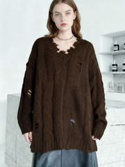 Distressed Knit Sweater — Black / Coffee Brown-SimpleModerne