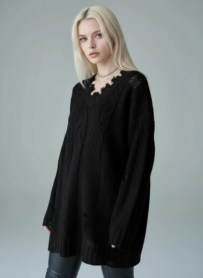 Distressed Knit Sweater — Black / Coffee Brown-SimpleModerne