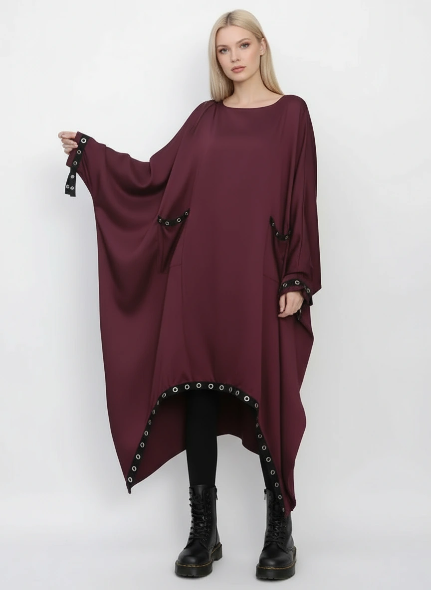 Eyelet-Trim Oversized Pullover Dress — Burgundy Red