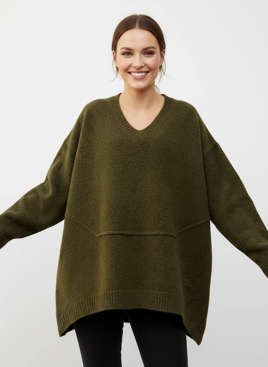 Olive Oversized V-Neck Sweater-SimpleModerne