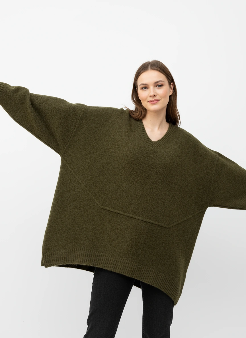Olive Oversized V-Neck Sweater-SimpleModerne