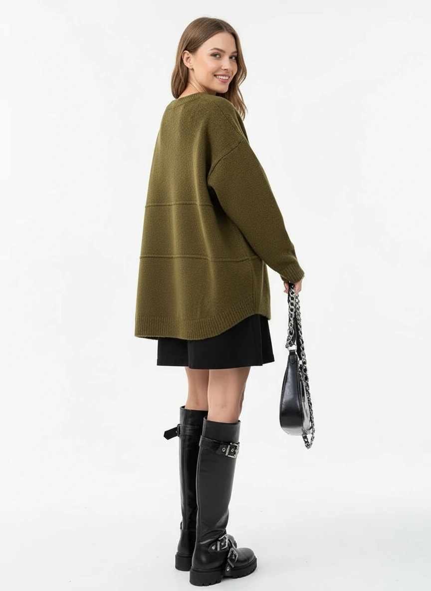 Olive Oversized V-Neck Sweater-SimpleModerne