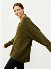 Olive Oversized V-Neck Sweater-SimpleModerne