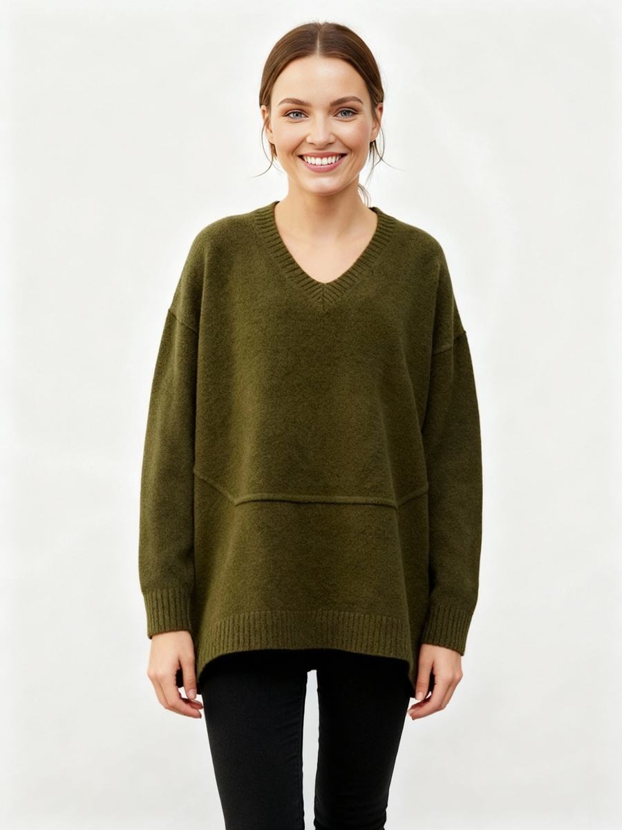 Olive Oversized V-Neck Sweater-SimpleModerne