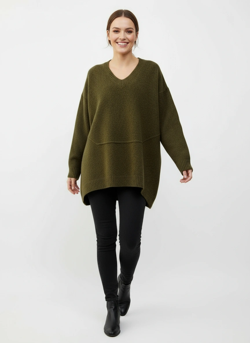Olive Oversized V-Neck Sweater-SimpleModerne