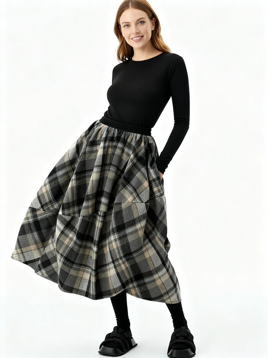 Plaid Balloon Skirt — Dark Gray Check-SimpleModerne