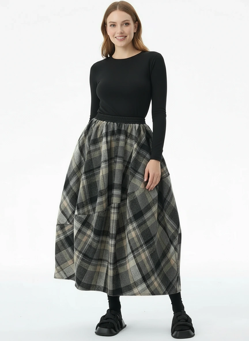 Plaid Balloon Skirt — Dark Gray Check-SimpleModerne