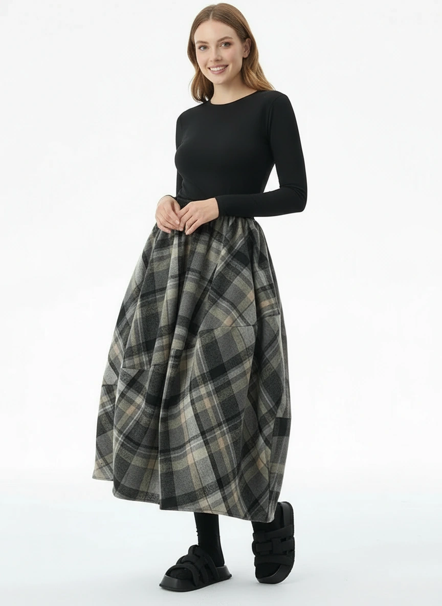 Plaid Balloon Skirt — Dark Gray Check-SimpleModerne