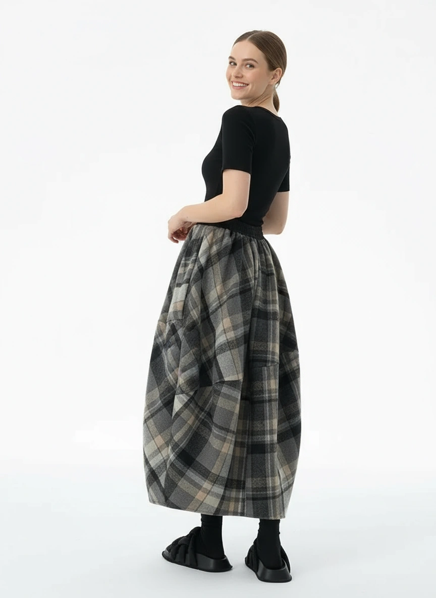 Plaid Balloon Skirt — Dark Gray Check-SimpleModerne