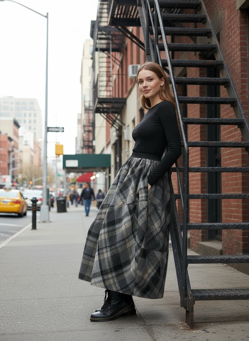 Plaid Balloon Skirt — Dark Gray Check-SimpleModerne