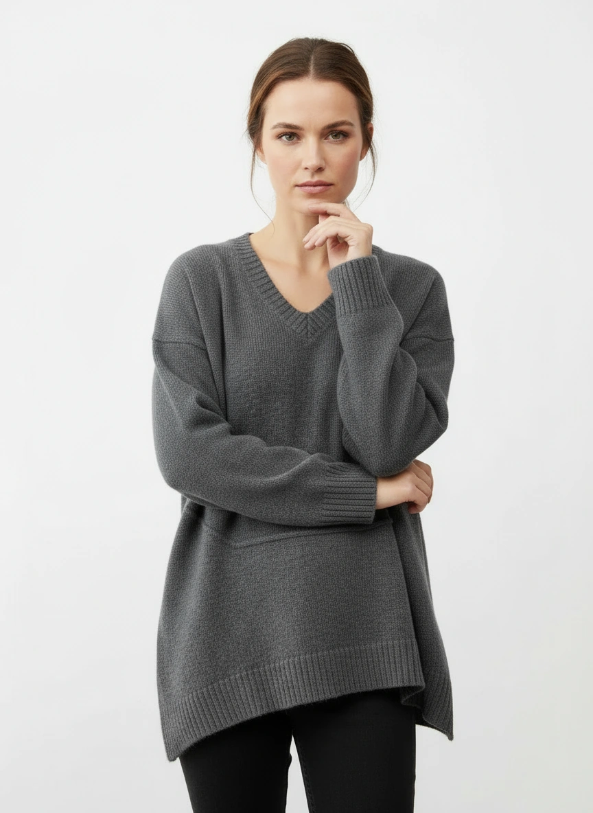 Gray Oversized V-Neck Sweater-SimpleModerne