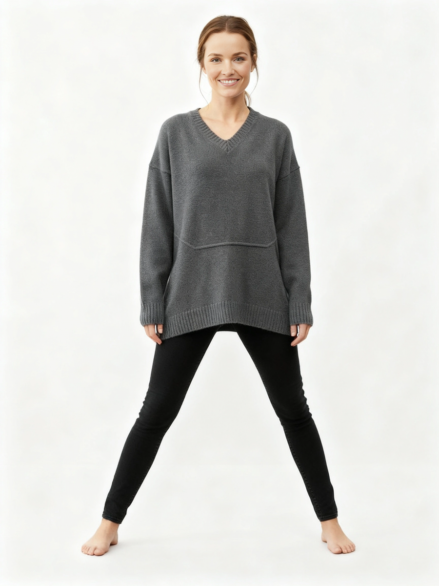Gray Oversized V-Neck Sweater-SimpleModerne