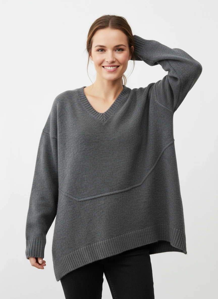 Gray Oversized V-Neck Sweater-SimpleModerne