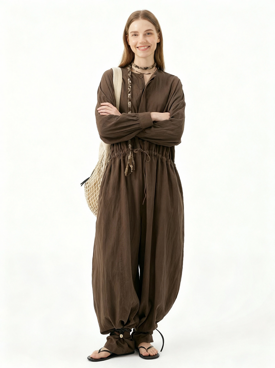 Industrial Wide-Leg Jumpsuit with Adjustable Waist - Coffee-SimpleModerne