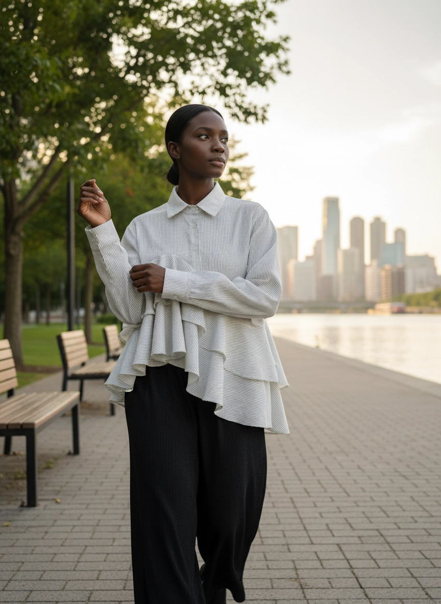 Asymmetric Striped Ruffle Shirt – Cream-SimpleModerne