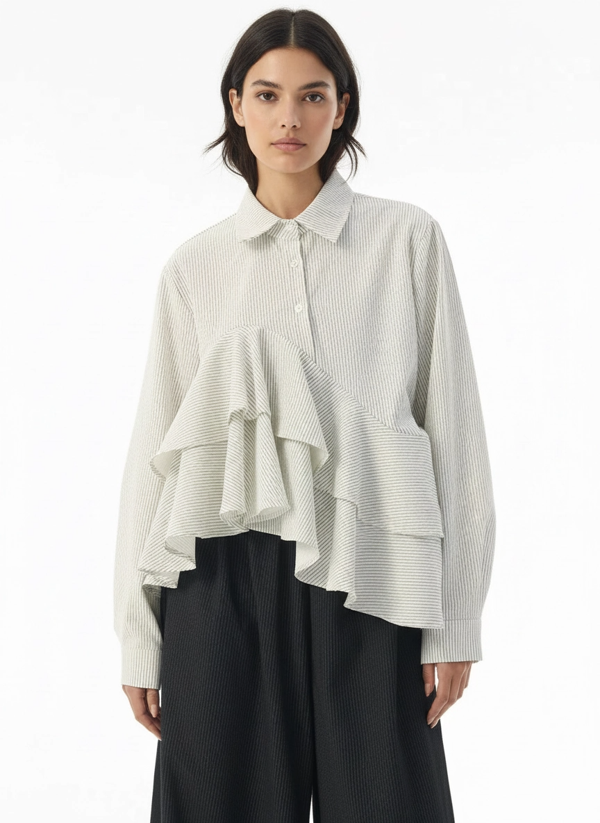 Asymmetric Striped Ruffle Shirt – Cream-SimpleModerne