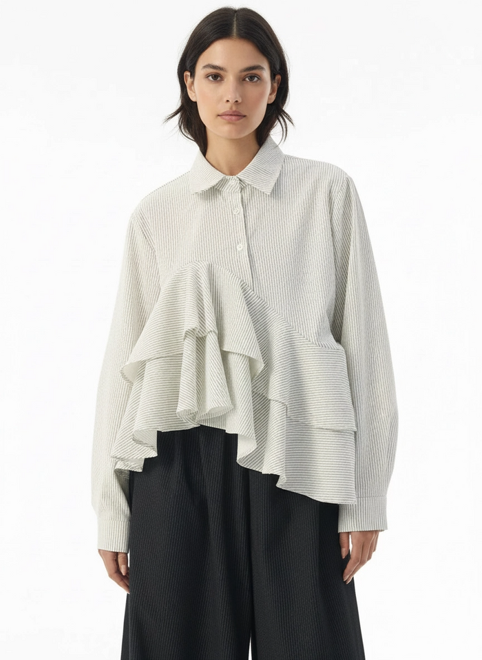 Asymmetric Striped Ruffle Shirt – Cream