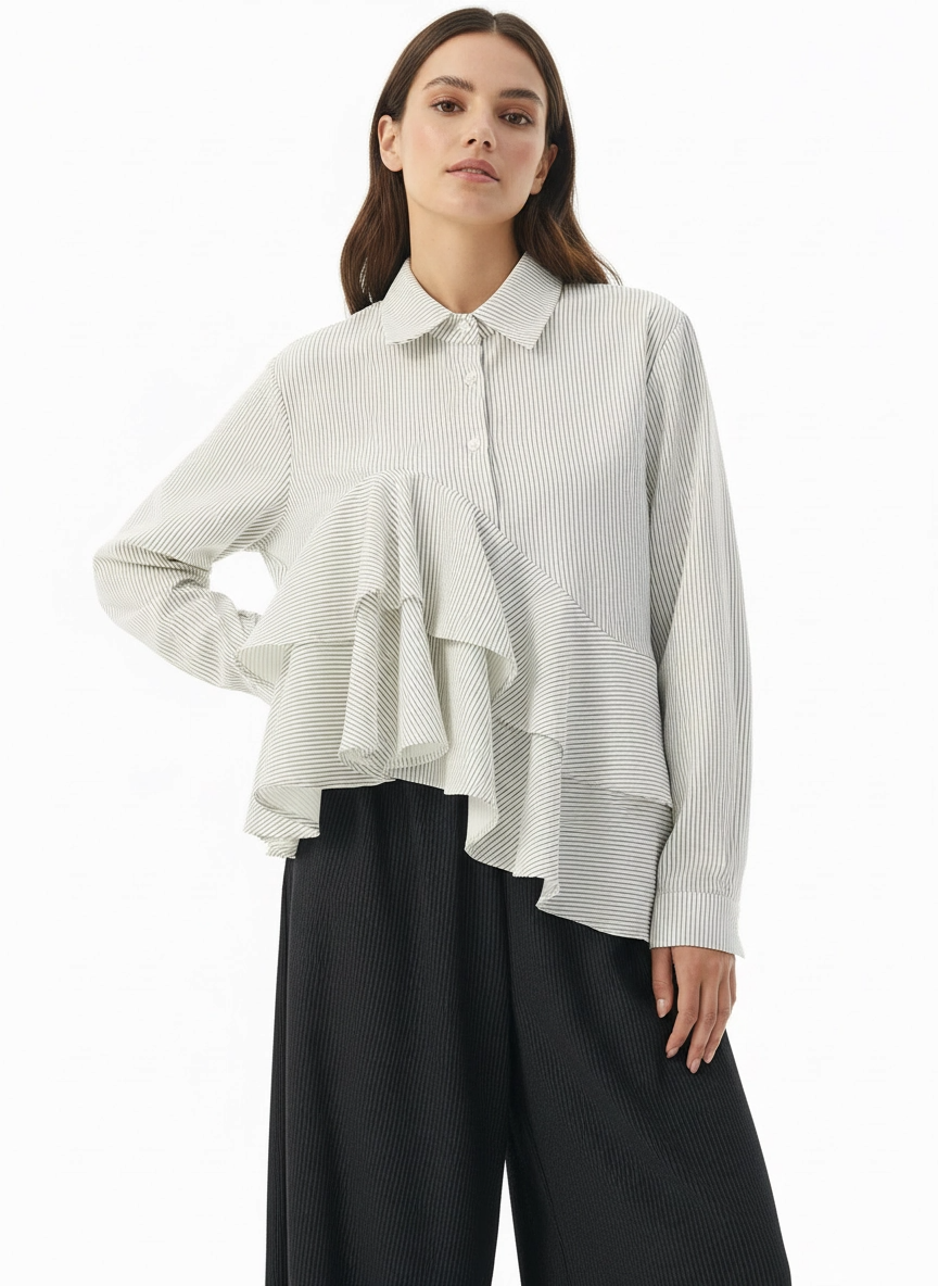 Asymmetric Striped Ruffle Shirt – Cream-SimpleModerne
